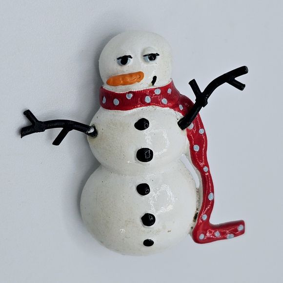Snowman Brooch Christmas Holiday Pin Red Polka Dot Scarf Carrot Nose Stick Arms - Picture 3 of 6